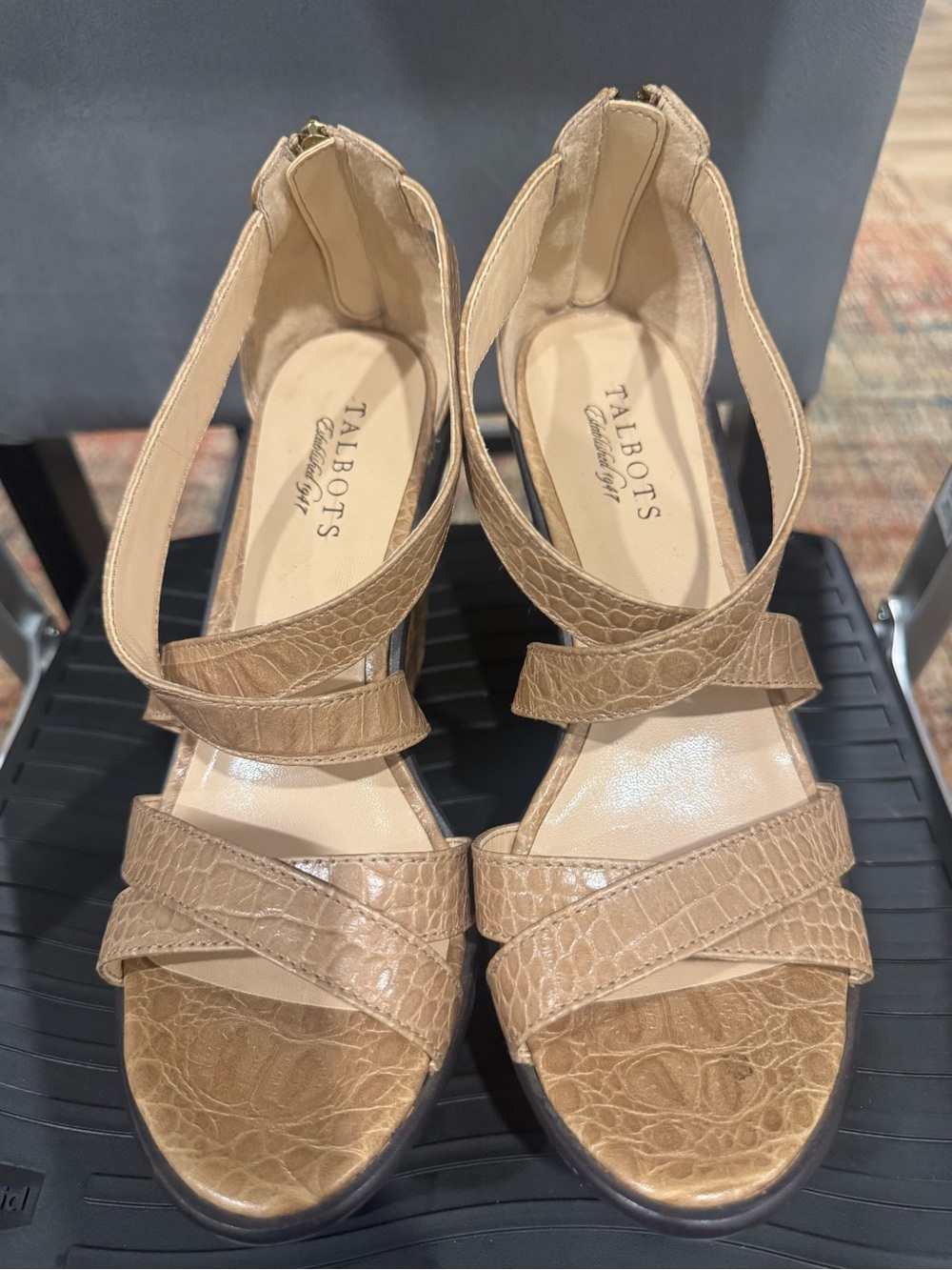 Talbots Croc-Embossed Tan Strappy Wedge Sandals